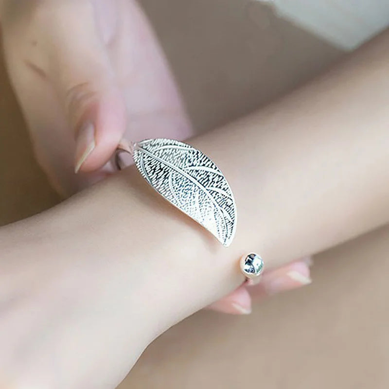 925 Sterling Silver Leaf Cuff Bracelet for Women