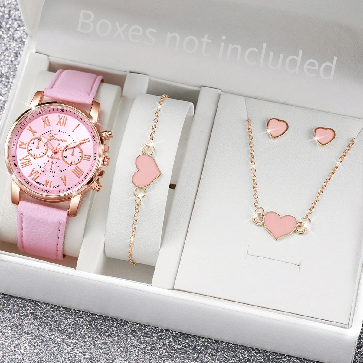 Women’s Heart Quartz Watch & Rhinestone Jewelry Set (5–6 PCS)