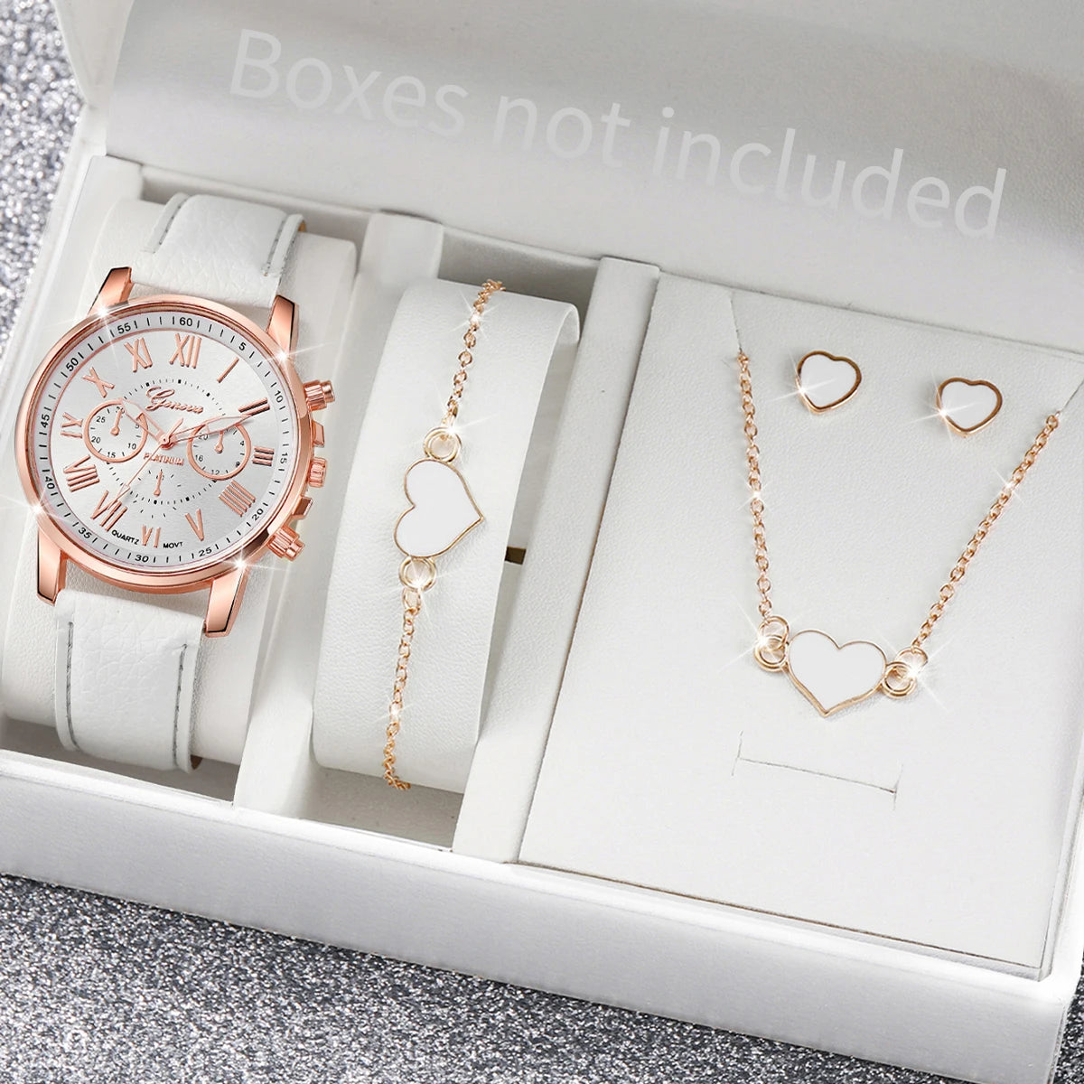 Women’s Heart Quartz Watch & Rhinestone Jewelry Set (5–6 PCS)