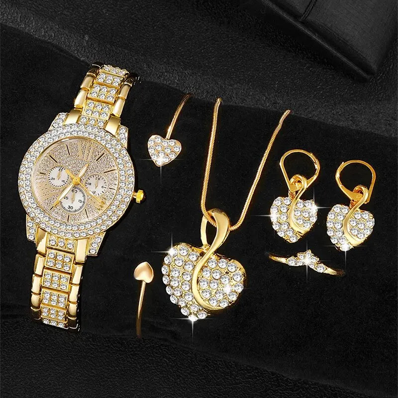 ✨ Golden Elegance Crystal Watch & Jewelry Set