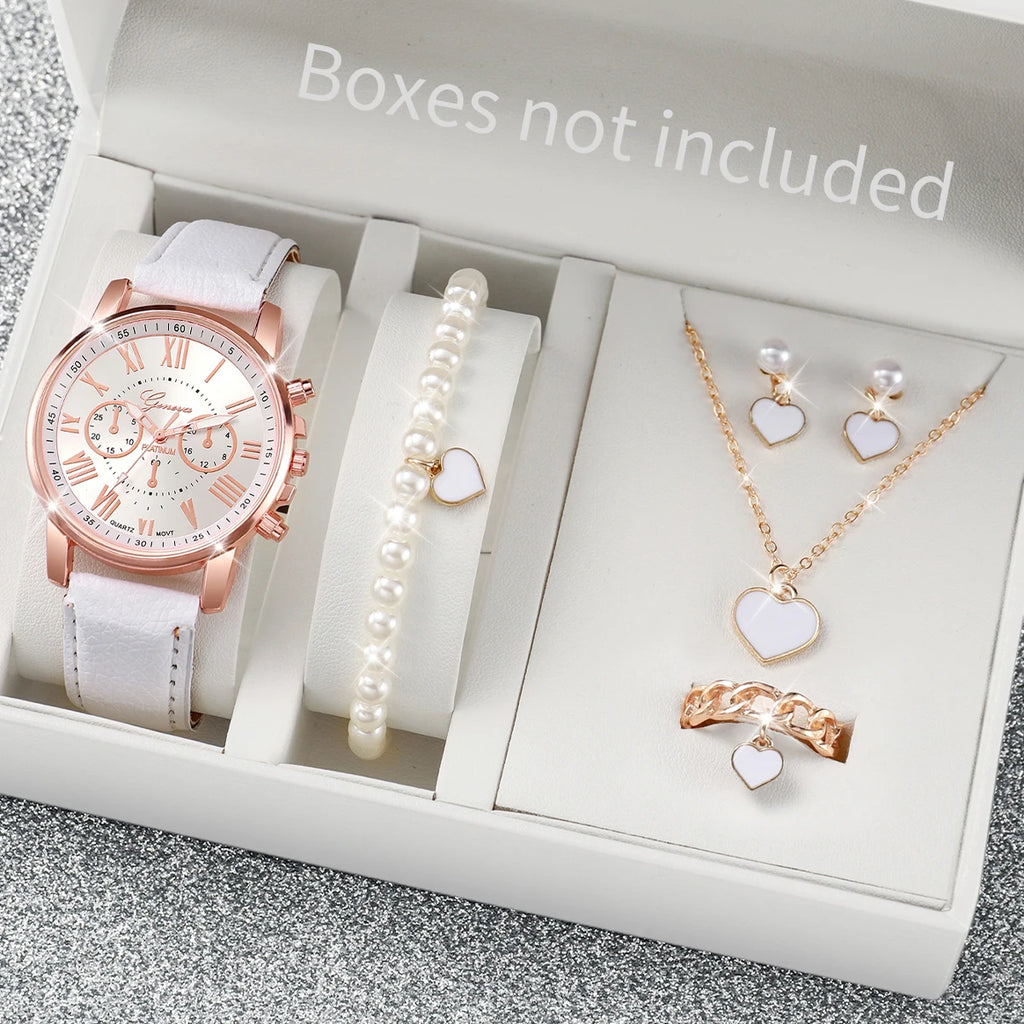 Women’s Heart Quartz Watch & Rhinestone Jewelry Set (5–6 PCS)