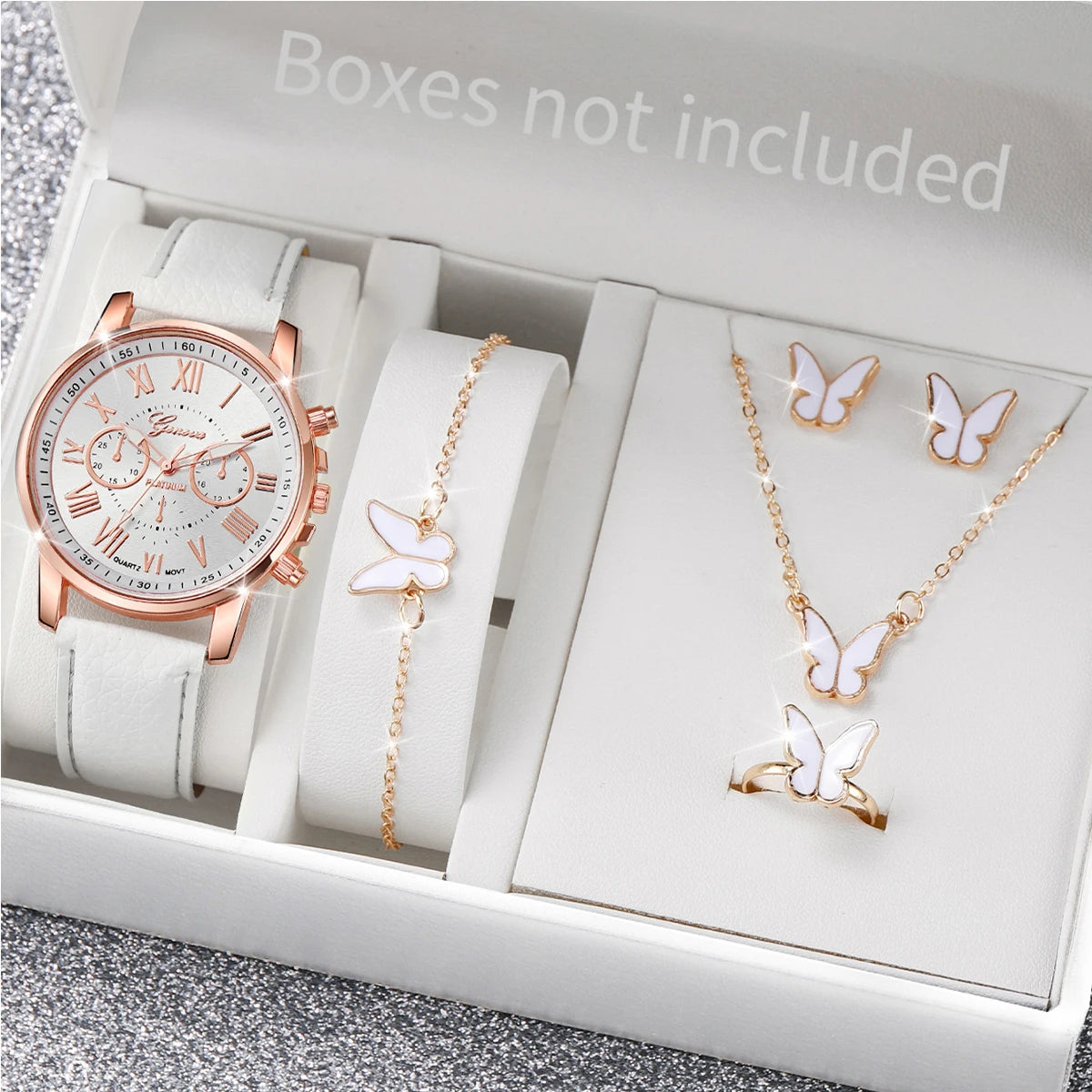 Women’s Heart Quartz Watch & Rhinestone Jewelry Set (5–6 PCS)