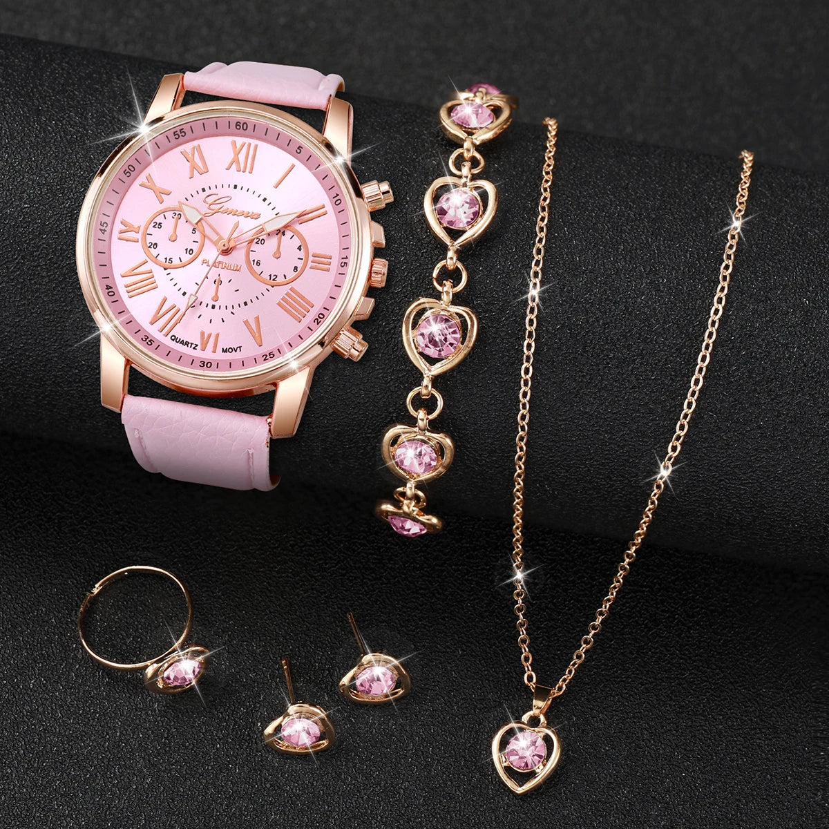 Women’s Heart Quartz Watch & Rhinestone Jewelry Set (5–6 PCS)