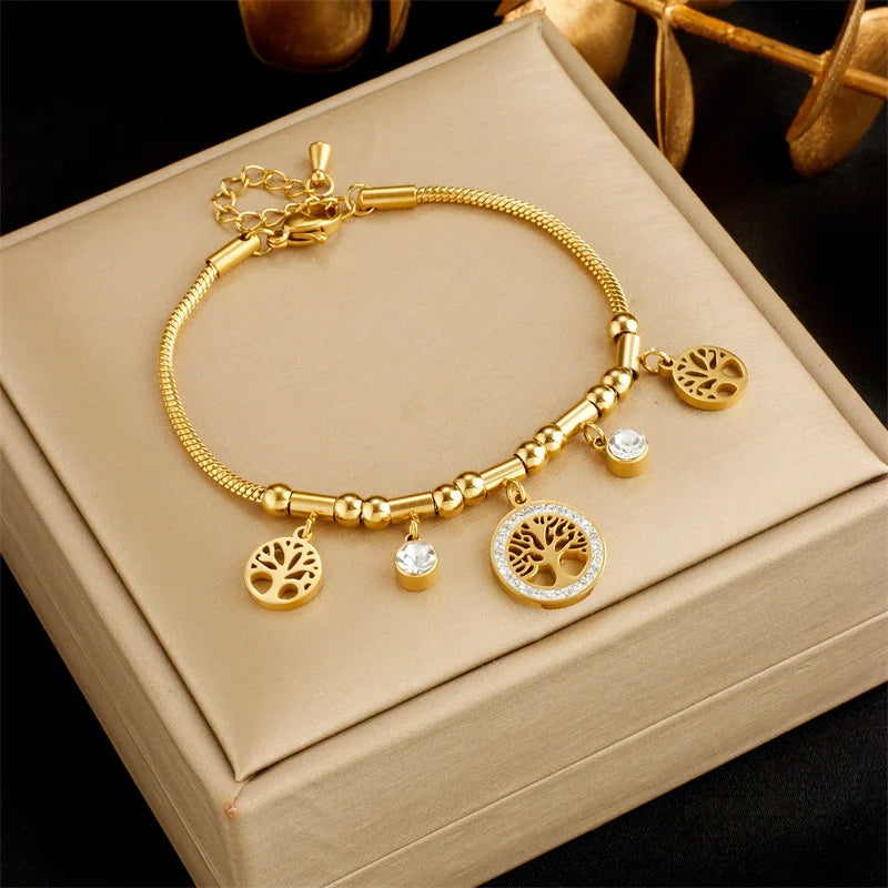 Women’s Gold Tree of Life Charm Bracelet with Zircon