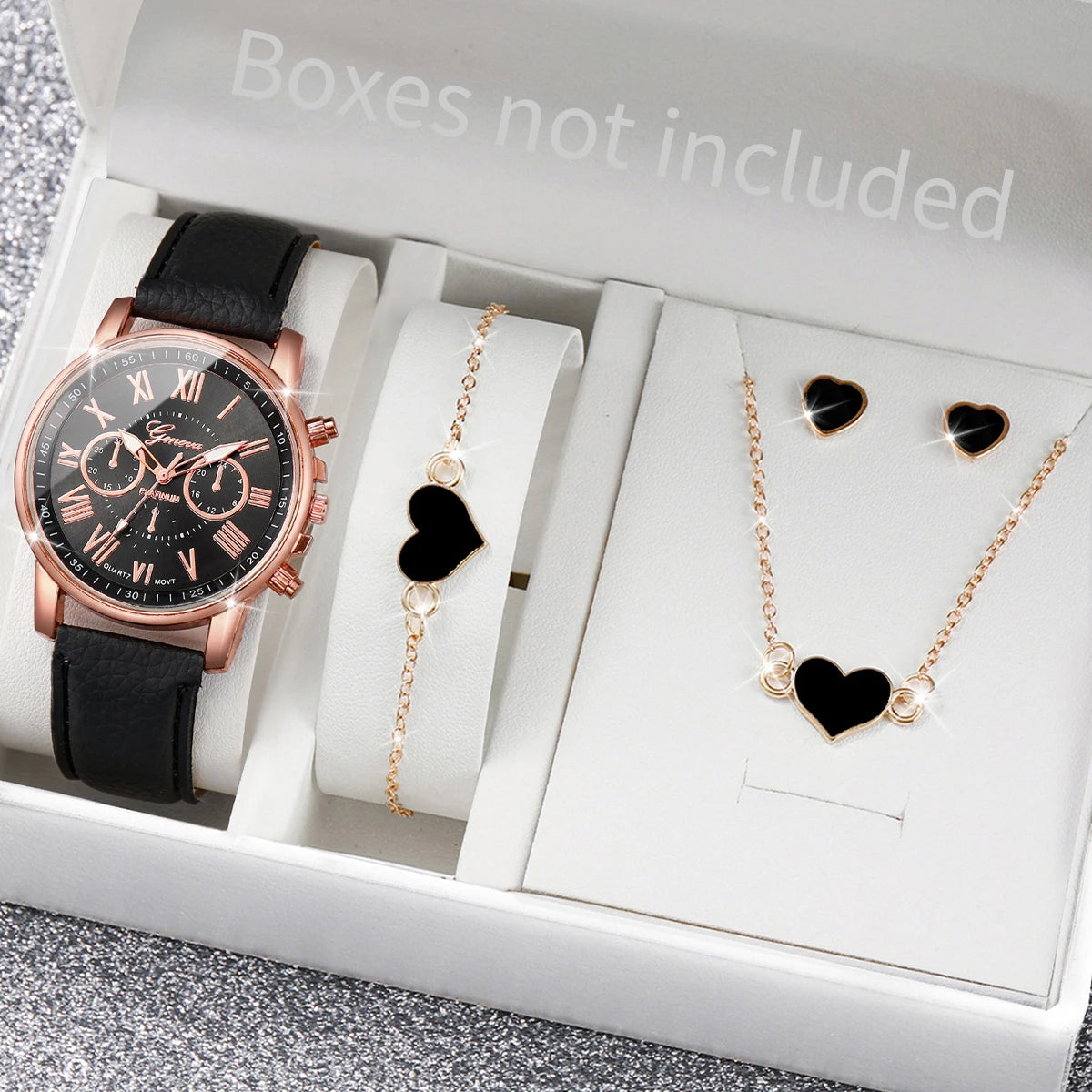 Women’s Heart Quartz Watch & Rhinestone Jewelry Set (5–6 PCS)