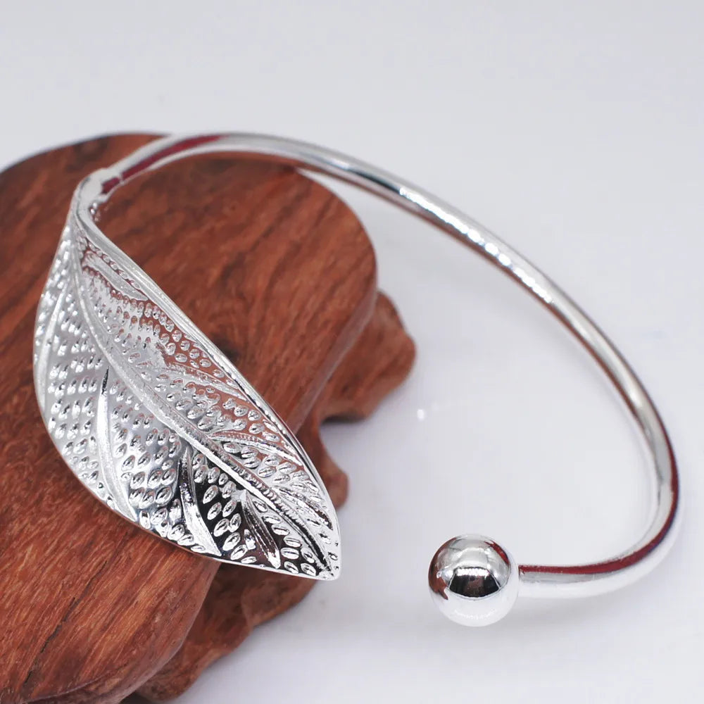 925 Sterling Silver Leaf Cuff Bracelet for Women