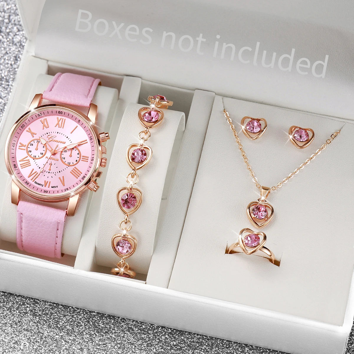 Women’s Heart Quartz Watch & Rhinestone Jewelry Set (5–6 PCS)