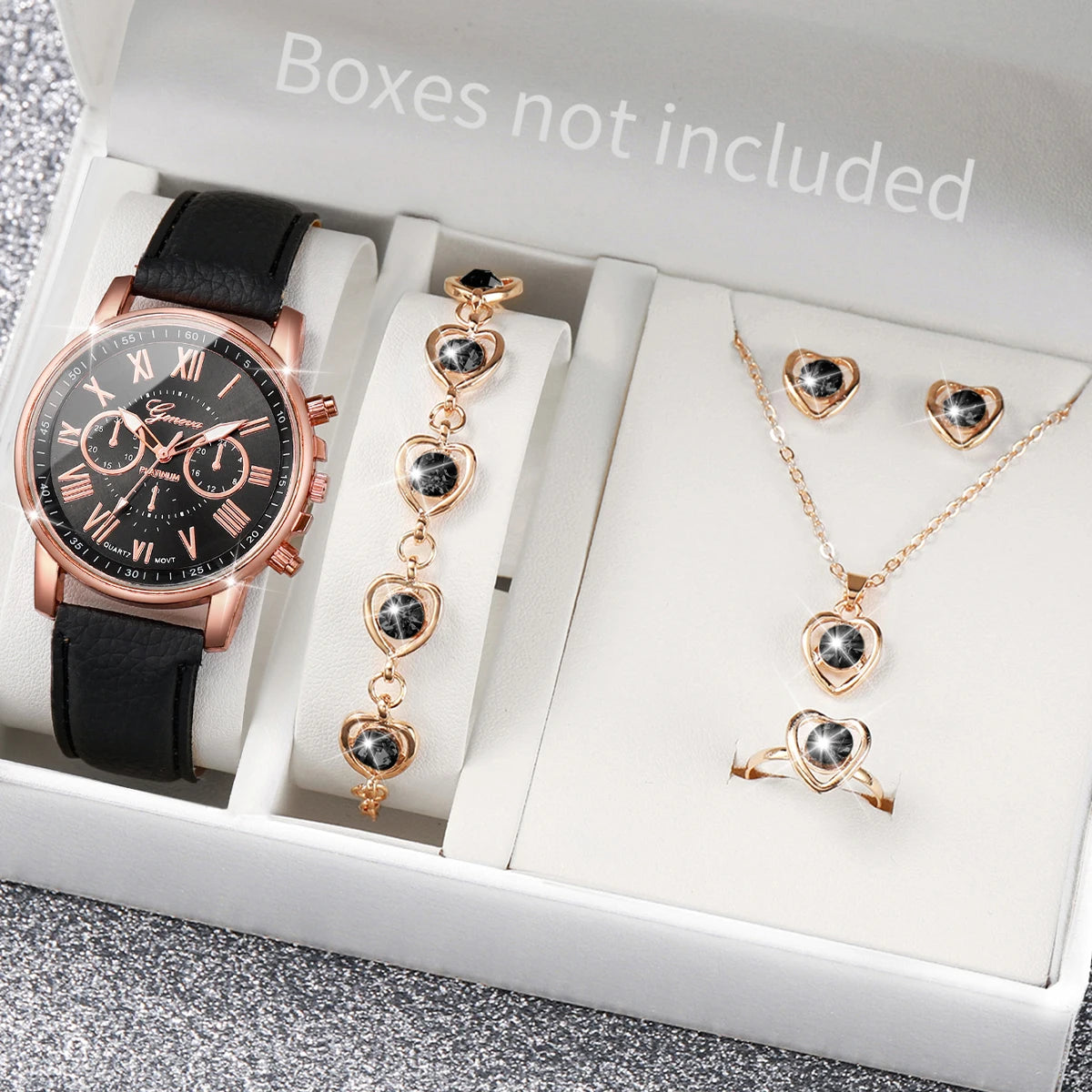 Women’s Heart Quartz Watch & Rhinestone Jewelry Set (5–6 PCS)