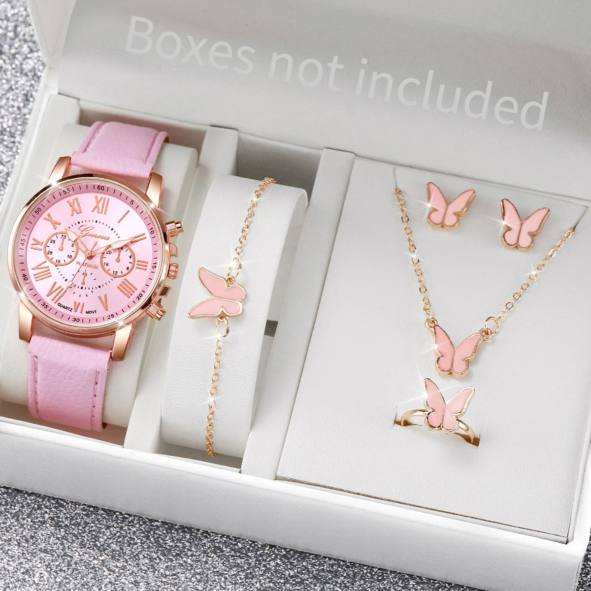Women’s Heart Quartz Watch & Rhinestone Jewelry Set (5–6 PCS)