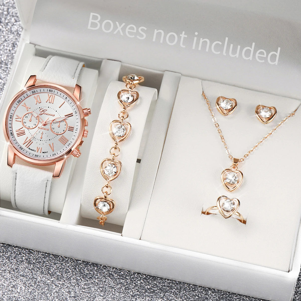 Women’s Heart Quartz Watch & Rhinestone Jewelry Set (5–6 PCS)