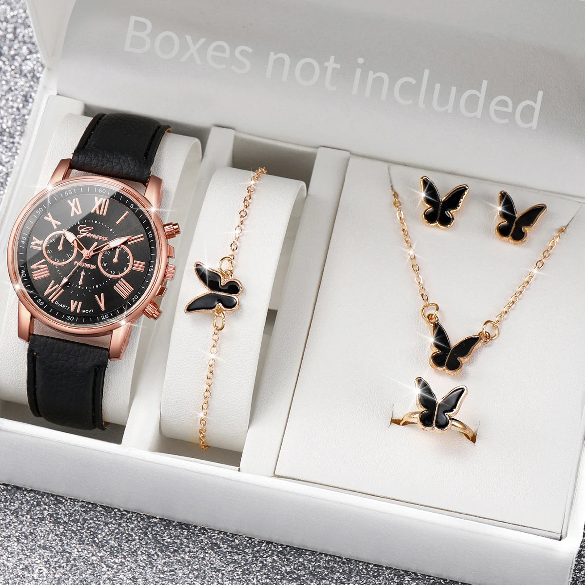 Women’s Heart Quartz Watch & Rhinestone Jewelry Set (5–6 PCS)